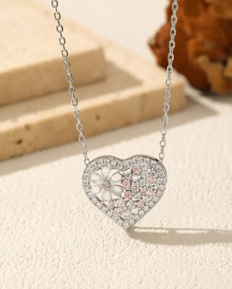 Collar Corazón con Flor de Nácar - circonitas rosas y blancas en colgante de 16 x 18 mm, plata 925, 40 más 5 cm