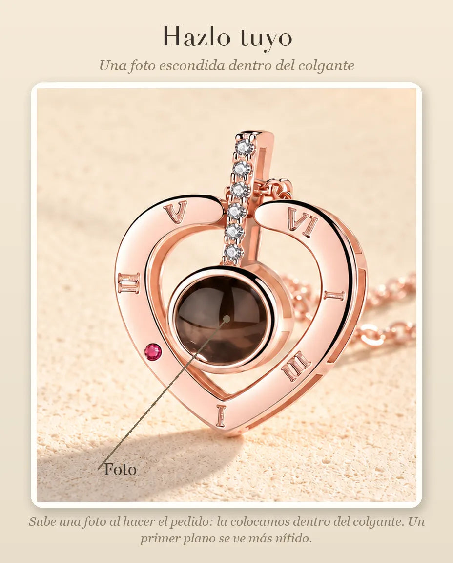Guía de personalización que muestra dónde va tu foto dentro de la bola del collar de corazón con números romanos