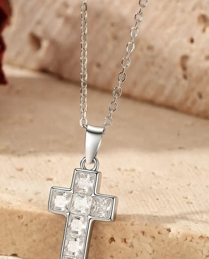 Collar Cruz Pavé - colgante de 10 x 17 mm con asa fija, cadena fina de 40+5 cm en plata de ley 925, 2,90 g