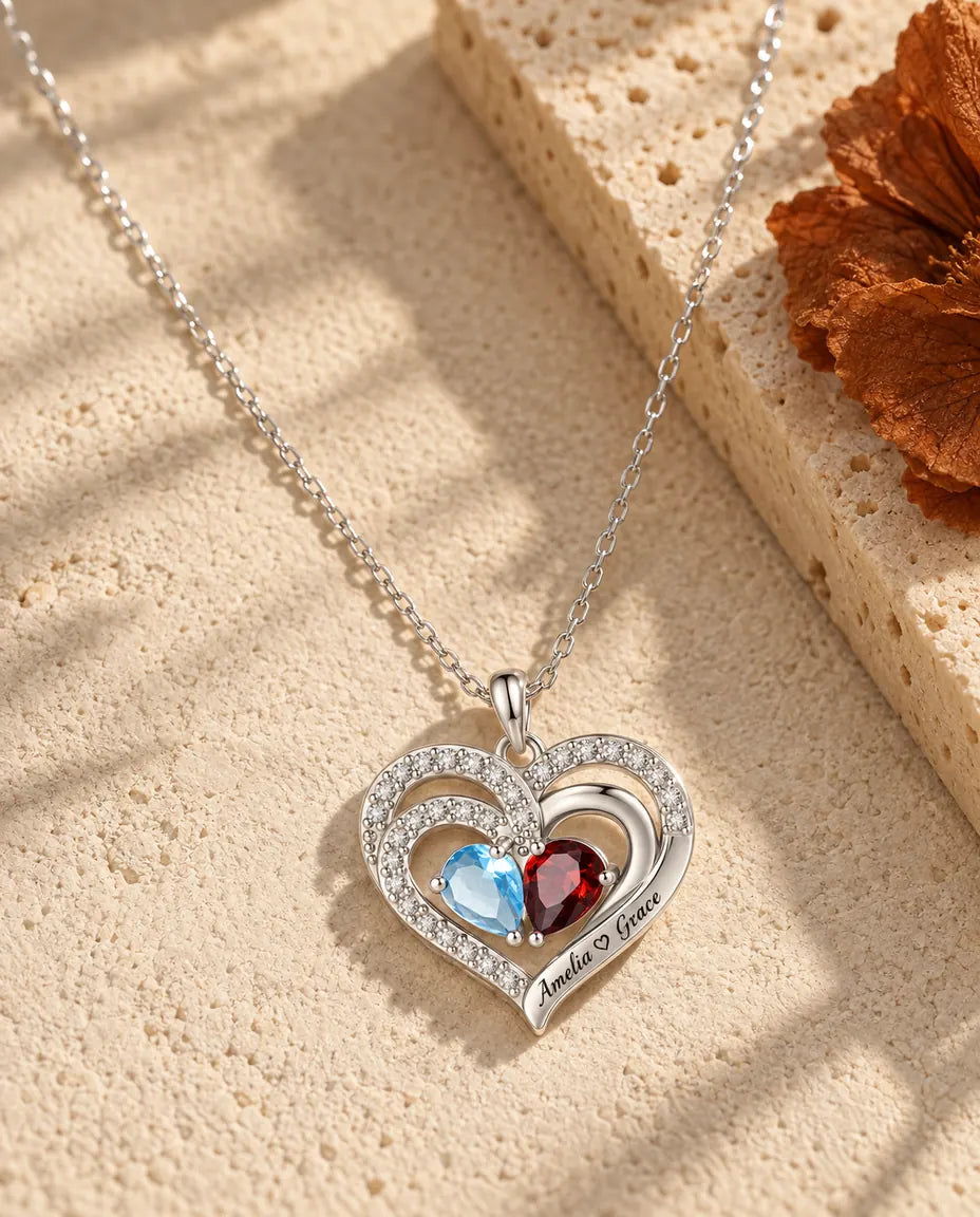 Collar Personalizado con 2 Piedras y 2 Nombres - colgante doble corazón con dos piedras talla pera, rodiado
