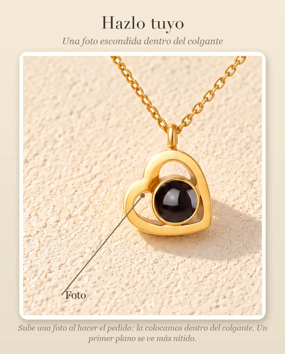 Guía de personalización que muestra dónde va tu foto dentro de la bola del collar de doble corazón