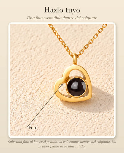 Guía de personalización que muestra dónde va tu foto dentro de la bola del collar de doble corazón