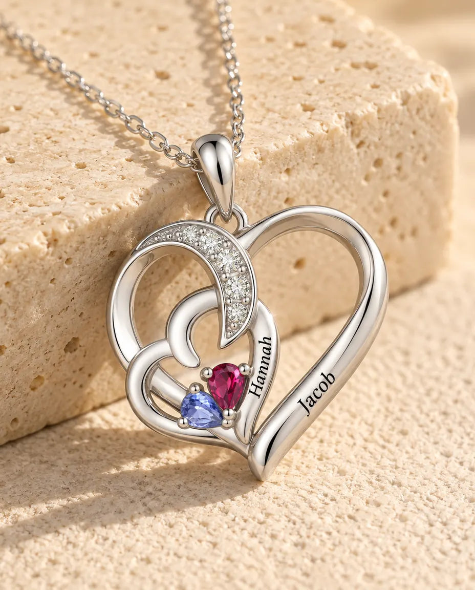 Collar Personalizado con 2 Piedras y 2 Nombres - dos corazones entrelazados con piedras talla pera, rodiado