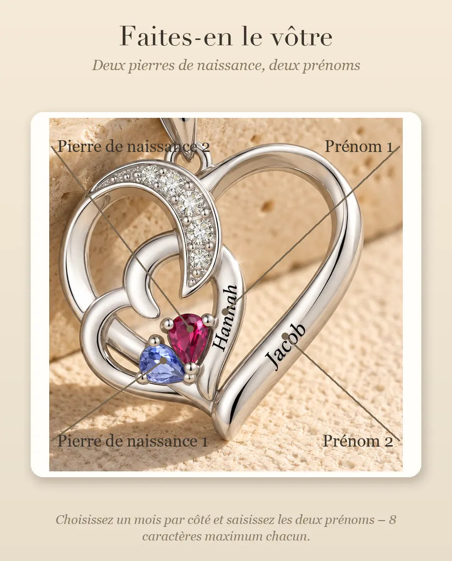 Collar Personalizado con 2 Piedras y 2 Nombres - dos corazones entrelazados con piedras talla pera, rodiado