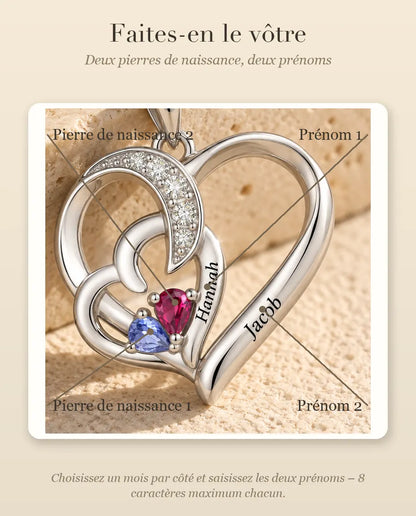 Collar Personalizado con 2 Piedras y 2 Nombres - dos corazones entrelazados con piedras talla pera, rodiado