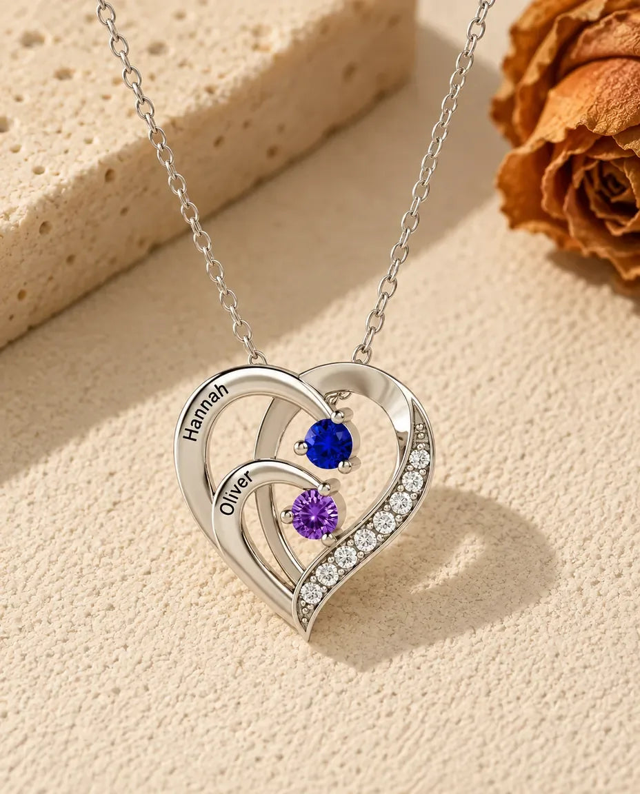 Collar de dos corazones entrelazados en plata 925 — 2 nombres grabados y 2 piedras de nacimiento - vista frontal en plata