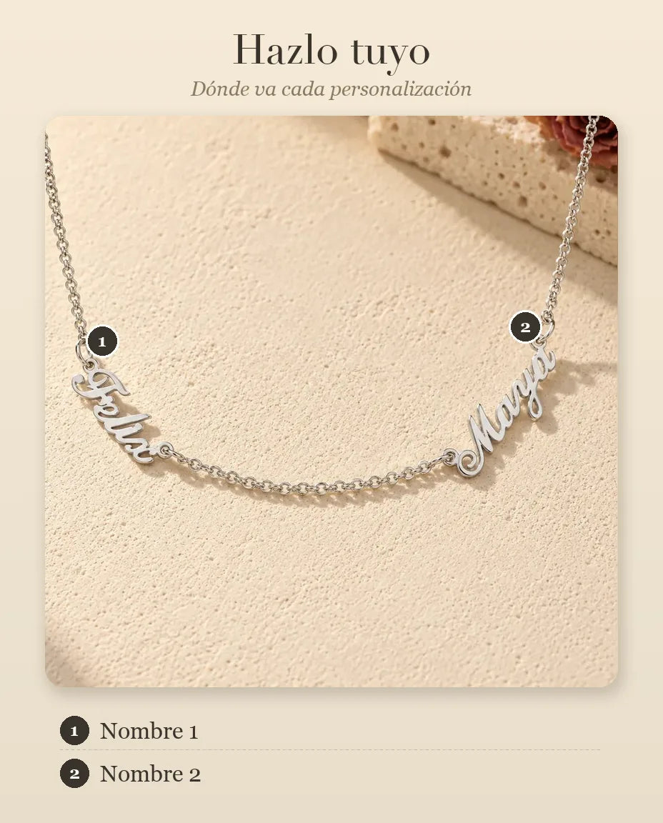 Collar con Dos Nombres en Plata de Ley 925 - guía de personalización: dónde va el nombre