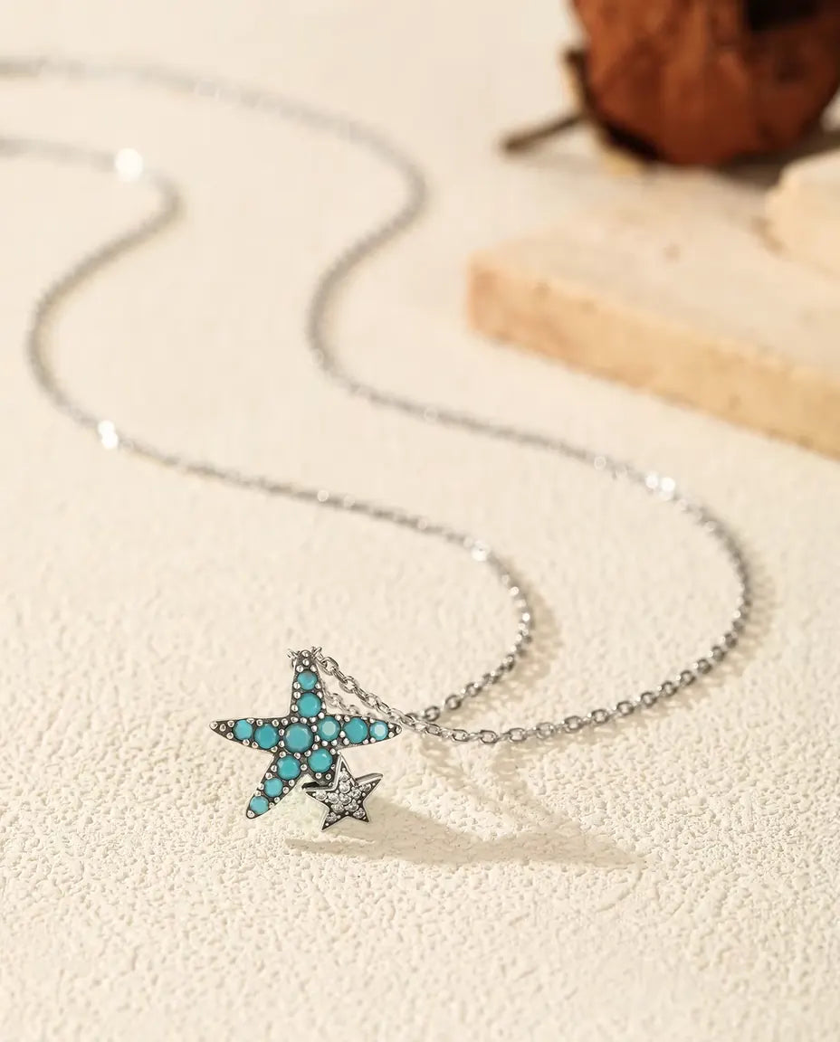 Collar de Estrella de Mar con Turquesa - colgante de 14,5 x 15 mm con estrellita, plata 925, 40 + 5 cm