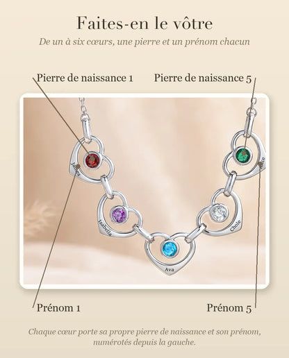 Collar Familiar Personalizado de 1 a 6 Nombres - corazones enlazados con piedras de nacimiento, rodiado