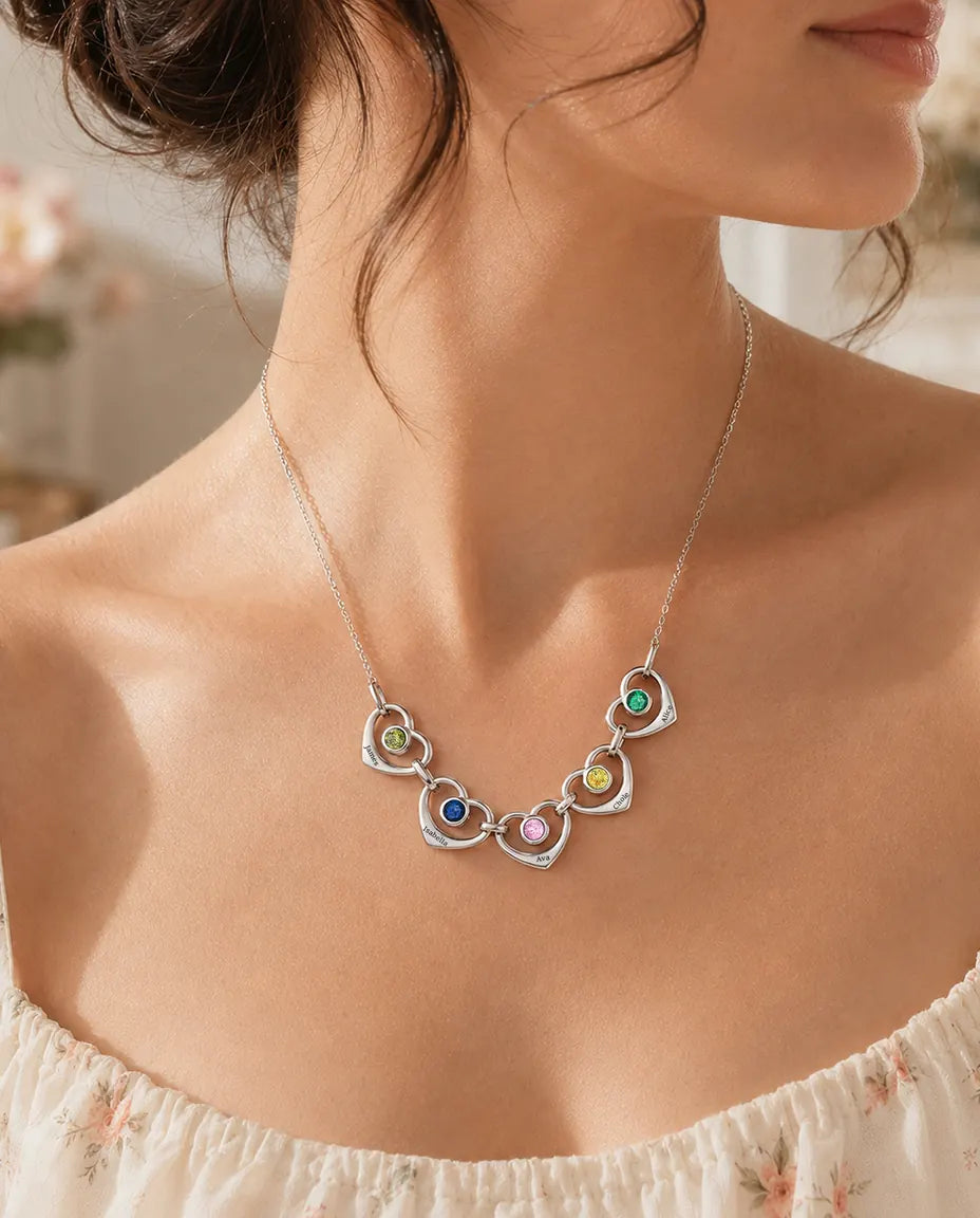 Collar Familiar Personalizado de 1 a 6 Nombres - corazones enlazados con piedras de nacimiento, rodiado