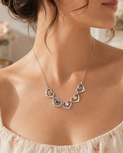 Collar Familiar Personalizado de 1 a 6 Nombres - corazones enlazados con piedras de nacimiento, rodiado