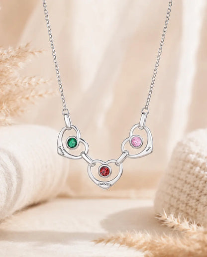 Collar Familiar Personalizado de 1 a 6 Nombres - corazones enlazados con piedras de nacimiento, rodiado