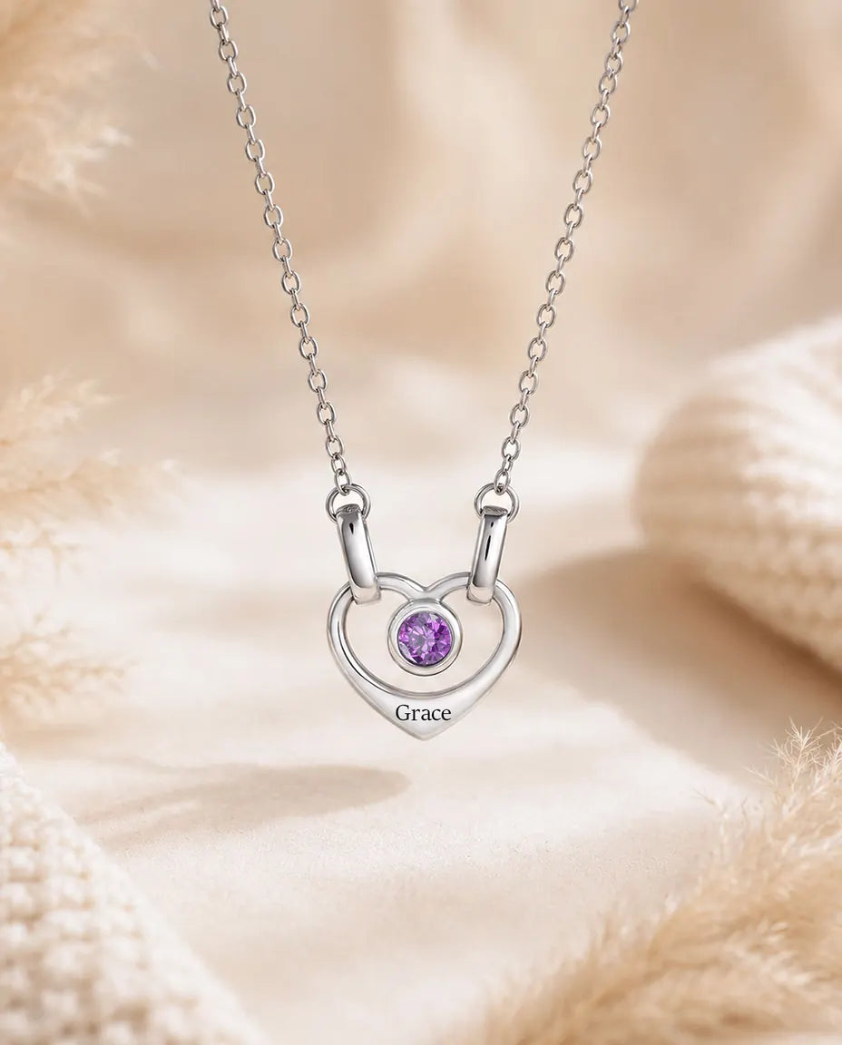 Collar Familiar Personalizado de 1 a 6 Nombres - corazones enlazados con piedras de nacimiento, rodiado