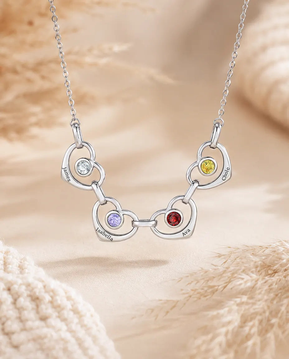 Collar Familiar Personalizado de 1 a 6 Nombres - corazones enlazados con piedras de nacimiento, rodiado
