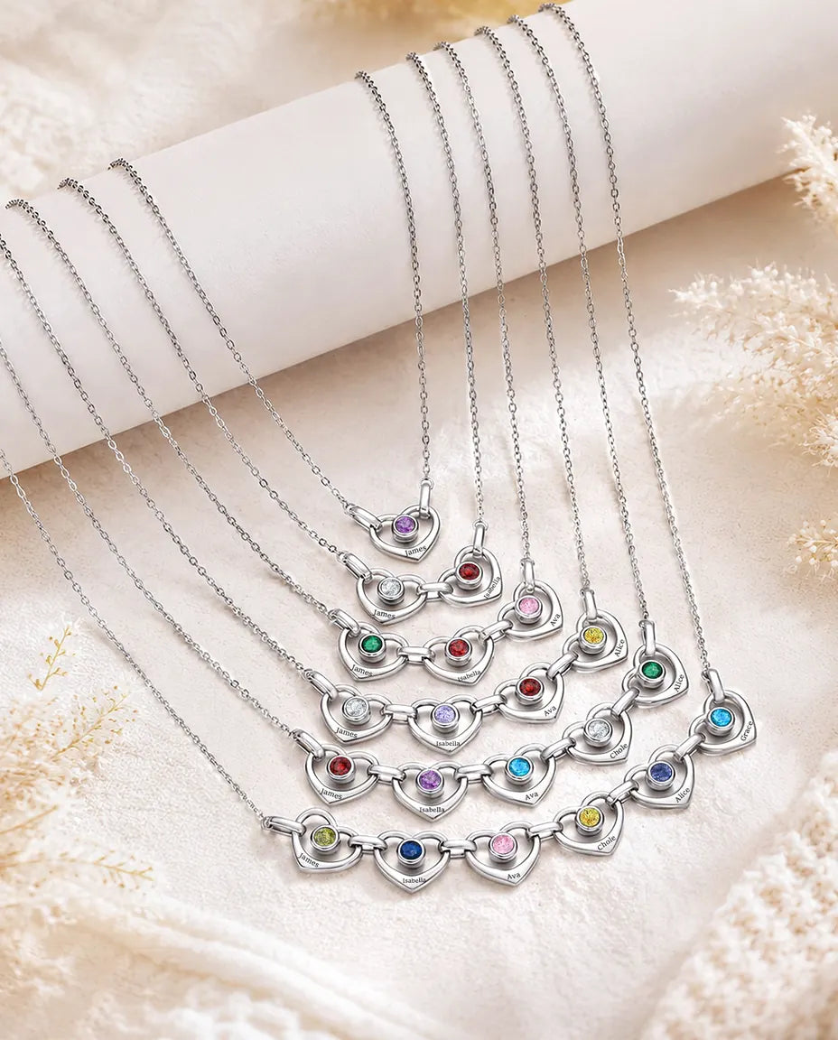 Collar Familiar Personalizado de 1 a 6 Nombres - corazones enlazados con piedras de nacimiento, rodiado