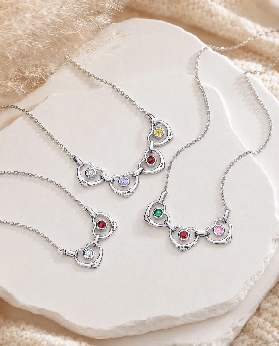 Collar Familiar Personalizado de 1 a 6 Nombres - corazones enlazados con piedras de nacimiento, rodiado