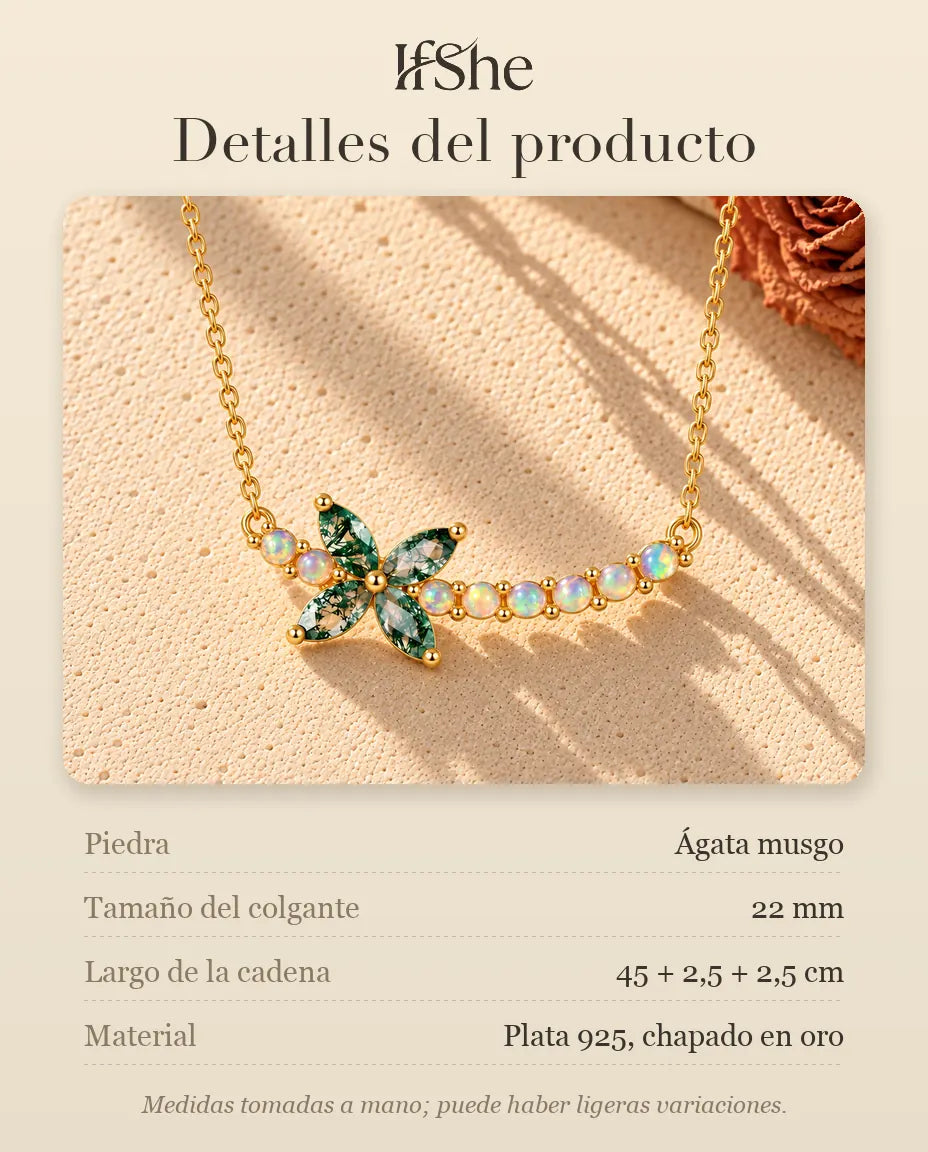Collar Flor de Ágata Musgosa en Plata 925 Chapada en Oro - detalles del producto: piedras, tamaño del colgante, largo de la cadena y material
