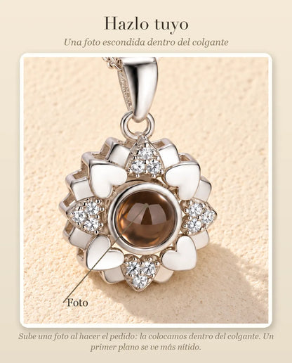 Guía de personalización que muestra dónde va tu foto dentro de la bola del collar de flor de corazones