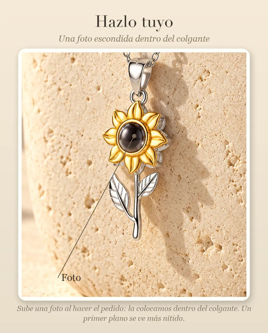 Guía de personalización que muestra dónde va tu foto dentro de la bola del collar de girasol