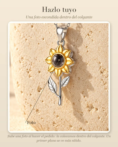 Guía de personalización que muestra dónde va tu foto dentro de la bola del collar de girasol