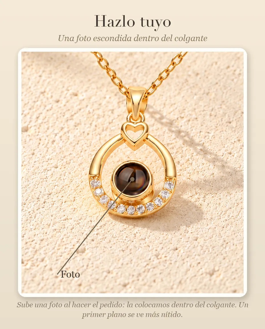 Guía de personalización que muestra dónde va tu foto dentro de la bola del collar de gota