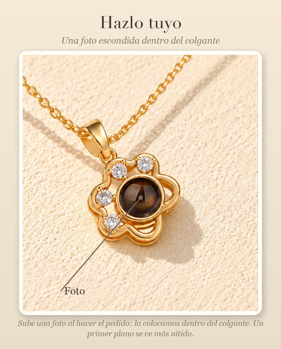 Guía de personalización que muestra dónde va tu foto dentro de la bola del collar de huella delicada
