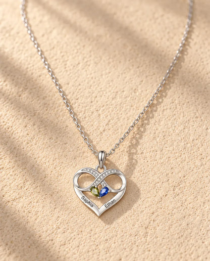 Collar Personalizado con 2 Piedras y 2 Nombres - corazón infinito con dos piedras talla pera, rodiado