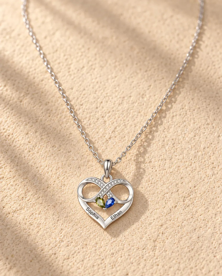 Collar Personalizado con 2 Piedras y 2 Nombres - corazón infinito con dos piedras talla pera, rodiado