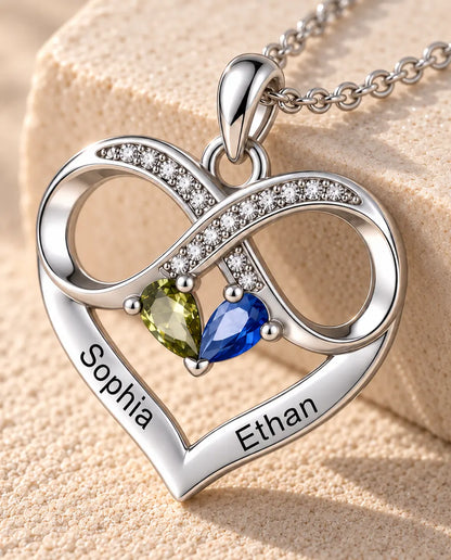 Collar Personalizado con 2 Piedras y 2 Nombres - corazón infinito con dos piedras talla pera, rodiado
