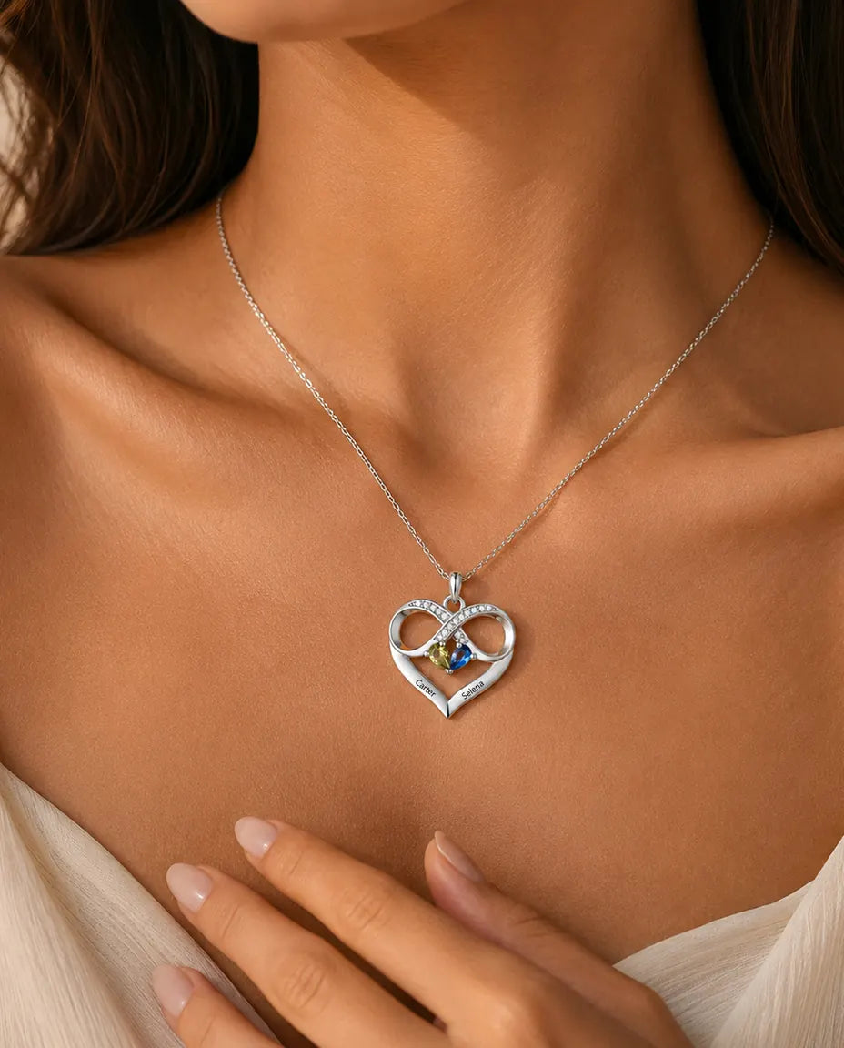 Collar Personalizado con 2 Piedras y 2 Nombres - corazón infinito con dos piedras talla pera, rodiado