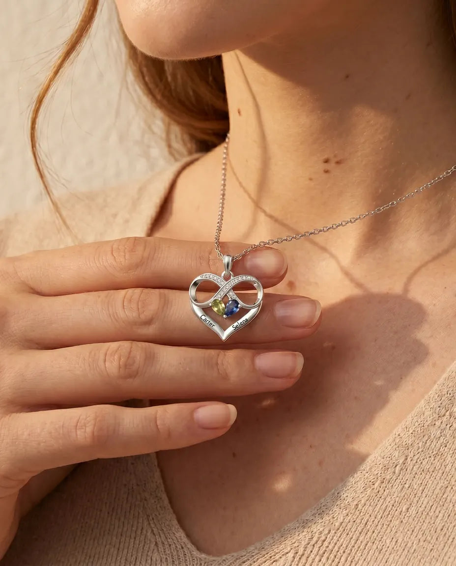 Collar Personalizado con 2 Piedras y 2 Nombres - corazón infinito con dos piedras talla pera, rodiado