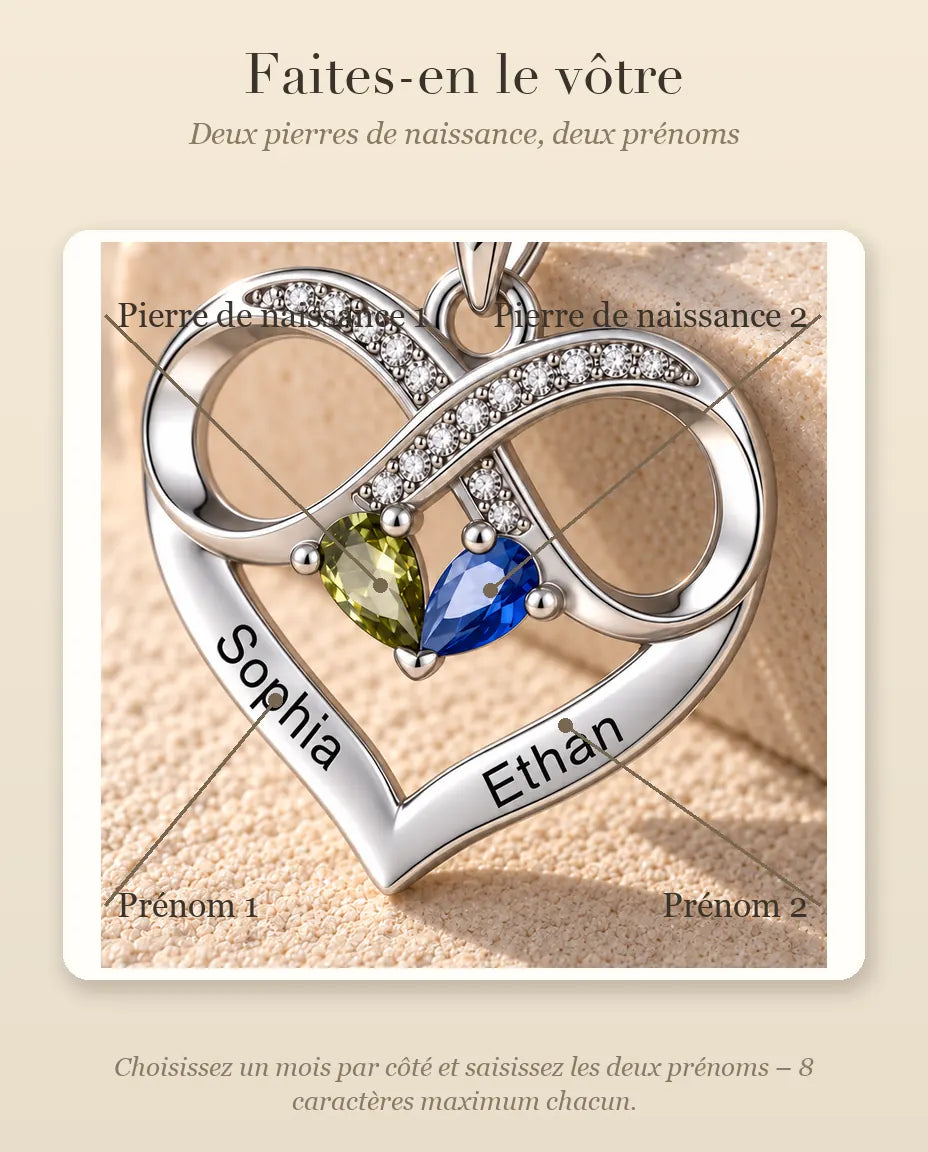Collar Personalizado con 2 Piedras y 2 Nombres - corazón infinito con dos piedras talla pera, rodiado