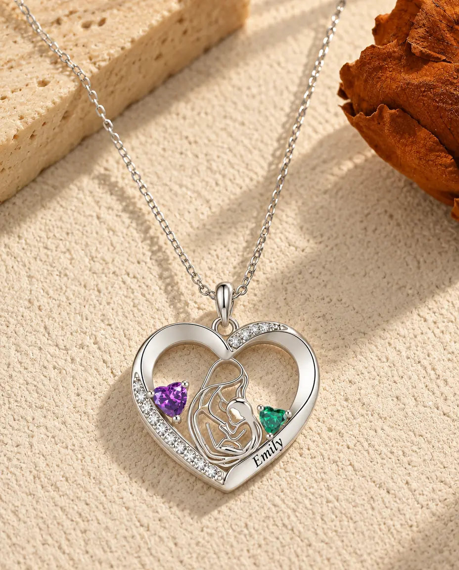 Collar Madre e Hijo Personalizado con Nombre - colgante corazón con dos piedras de nacimiento, rodiado