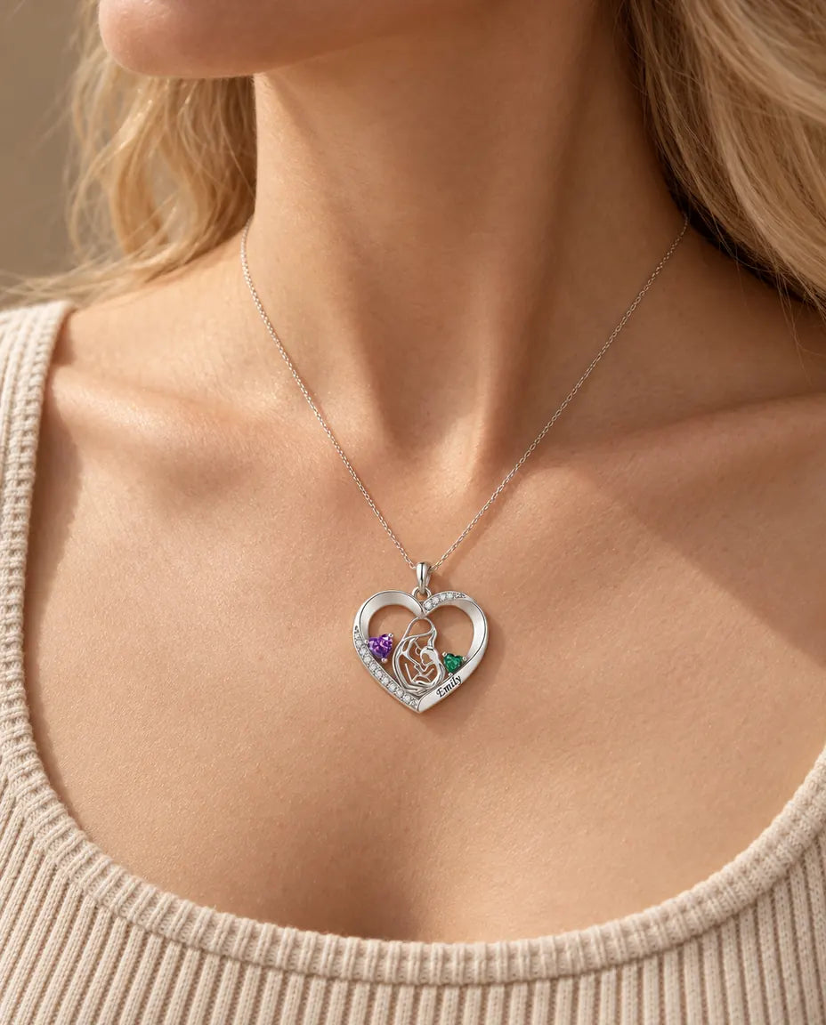 Collar Madre e Hijo Personalizado con Nombre - colgante corazón con dos piedras de nacimiento, rodiado