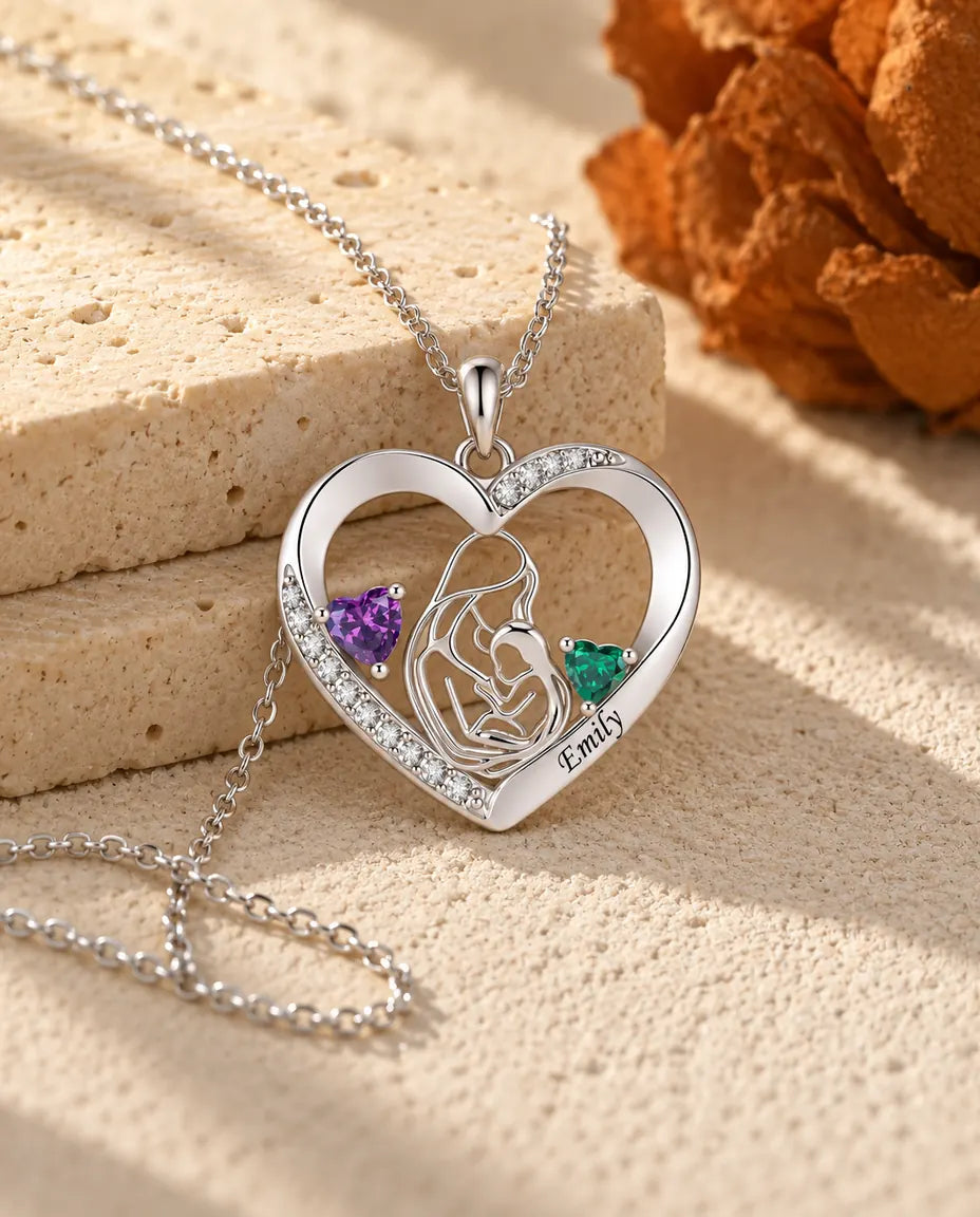 Collar Madre e Hijo Personalizado con Nombre - colgante corazón con dos piedras de nacimiento, rodiado
