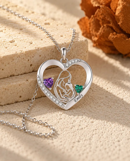 Collar Madre e Hijo Personalizado con Nombre - colgante corazón con dos piedras de nacimiento, rodiado