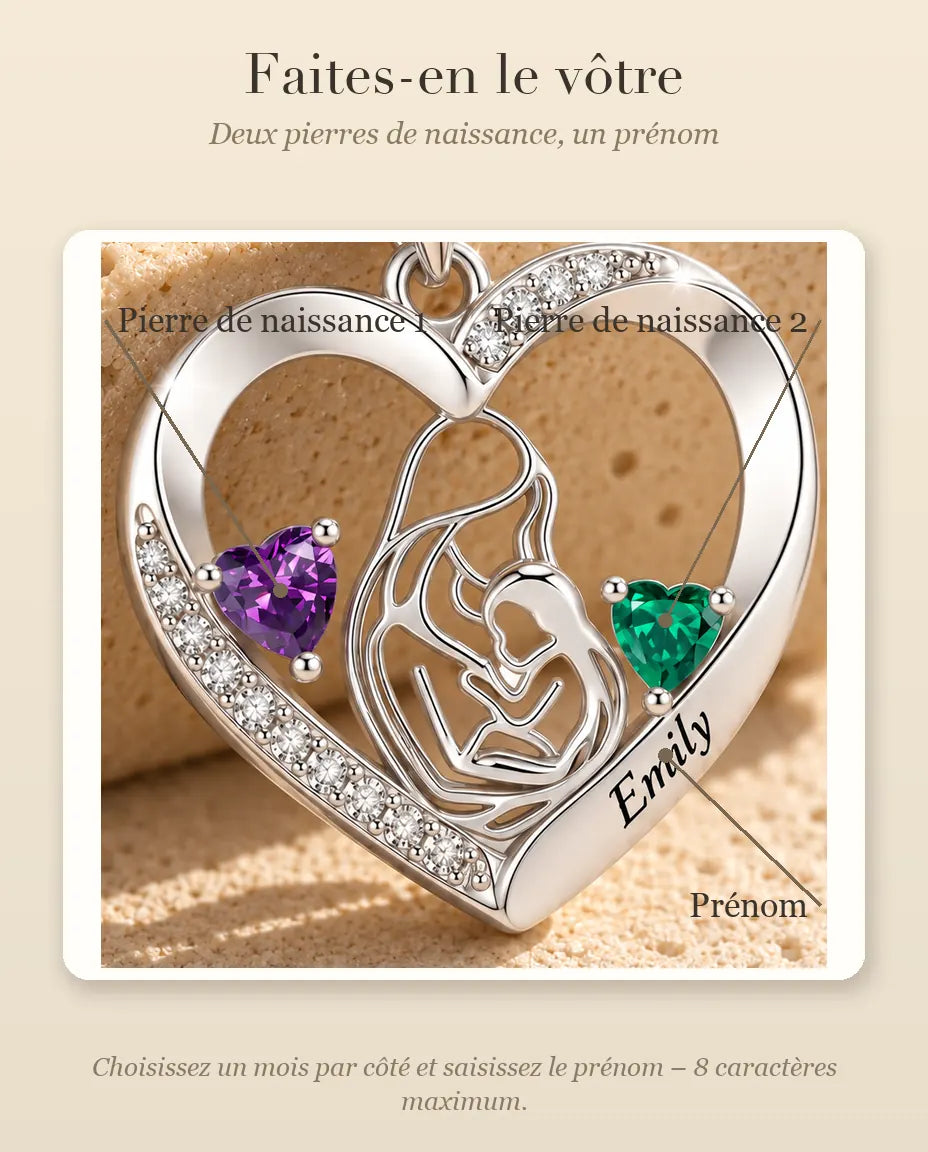 Collar Madre e Hijo Personalizado con Nombre - colgante corazón con dos piedras de nacimiento, rodiado