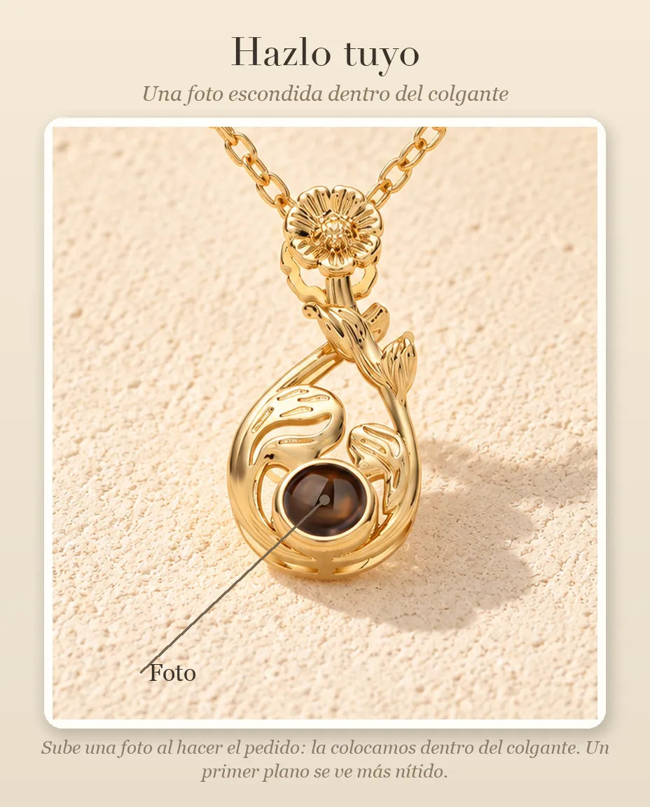 Guía de personalización que muestra dónde va tu foto dentro de la bola del collar de gota con flor