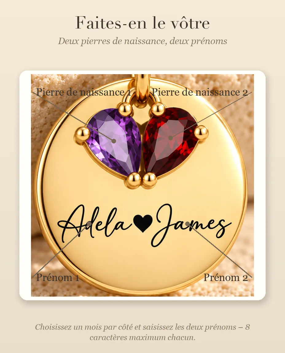 Collar Personalizado con 2 Piedras y 2 Nombres - medalla dorada grabada con dos piedras talla pera