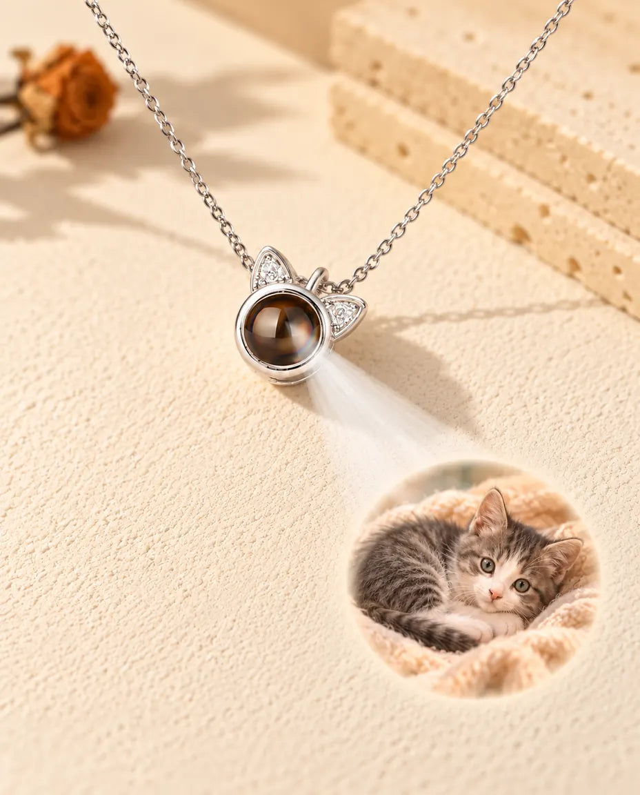 Collar de orejas de gato plateado que proyecta la foto de un gatito sobre yeso crema
