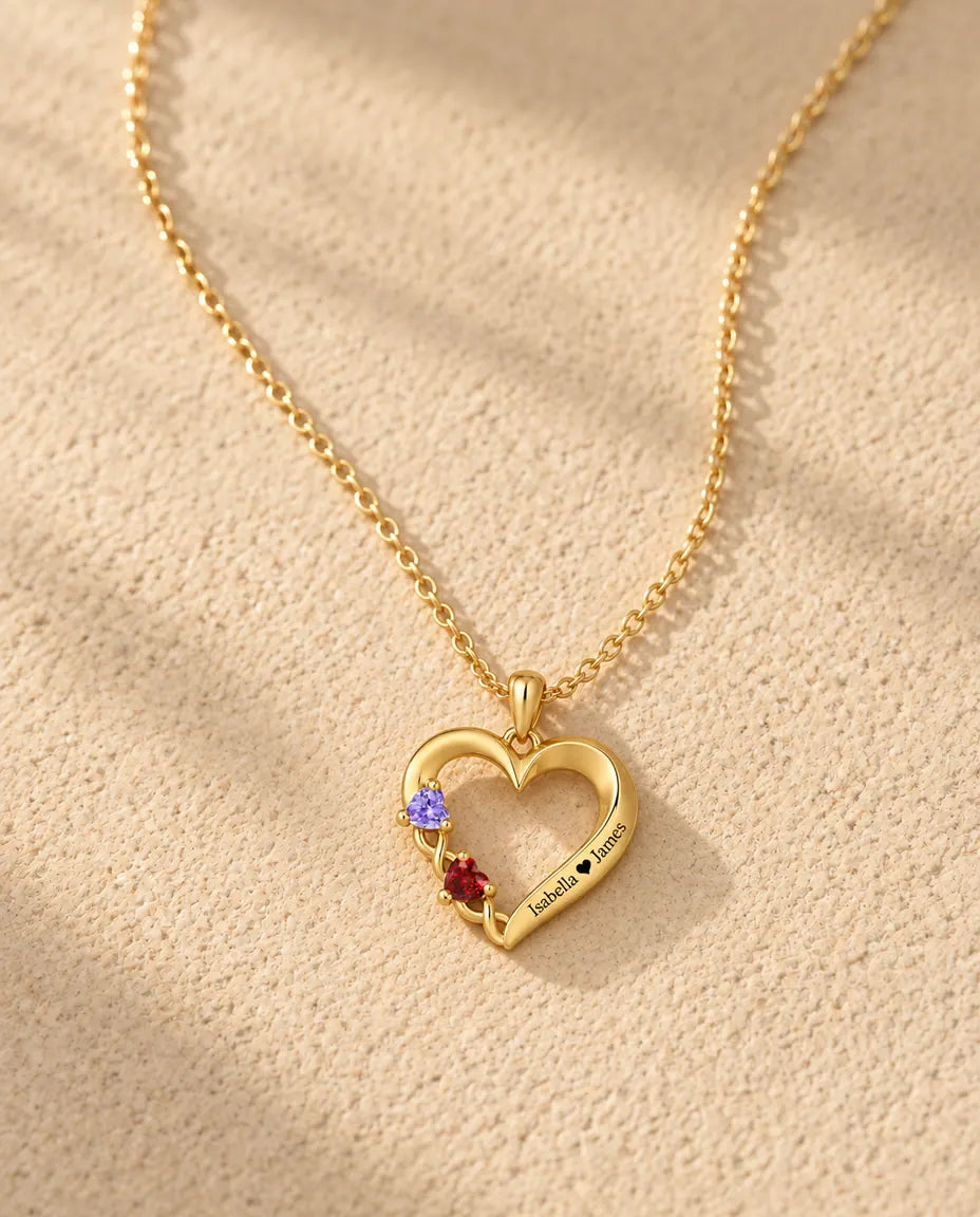 Collar Personalizado con 2 Piedras y 2 Nombres - corazón abierto dorado con dos piedras talla corazón