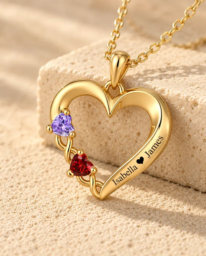 Collar Personalizado con 2 Piedras y 2 Nombres - corazón abierto dorado con dos piedras talla corazón