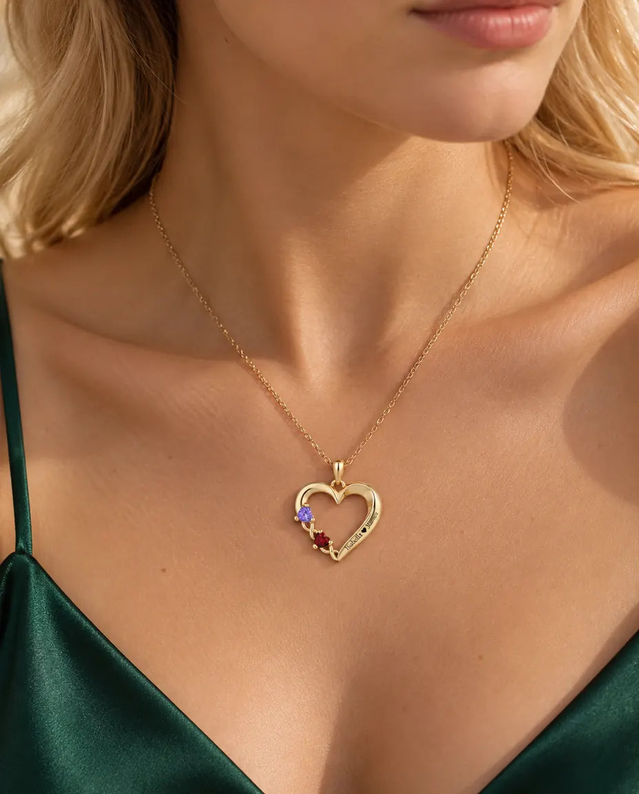 Collar Personalizado con 2 Piedras y 2 Nombres - corazón abierto dorado con dos piedras talla corazón