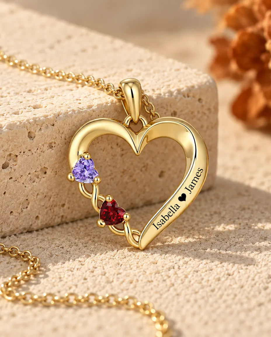 Collar Personalizado con 2 Piedras y 2 Nombres - corazón abierto dorado con dos piedras talla corazón
