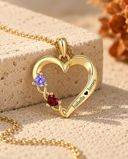 Collar Personalizado con 2 Piedras y 2 Nombres - corazón abierto dorado con dos piedras talla corazón