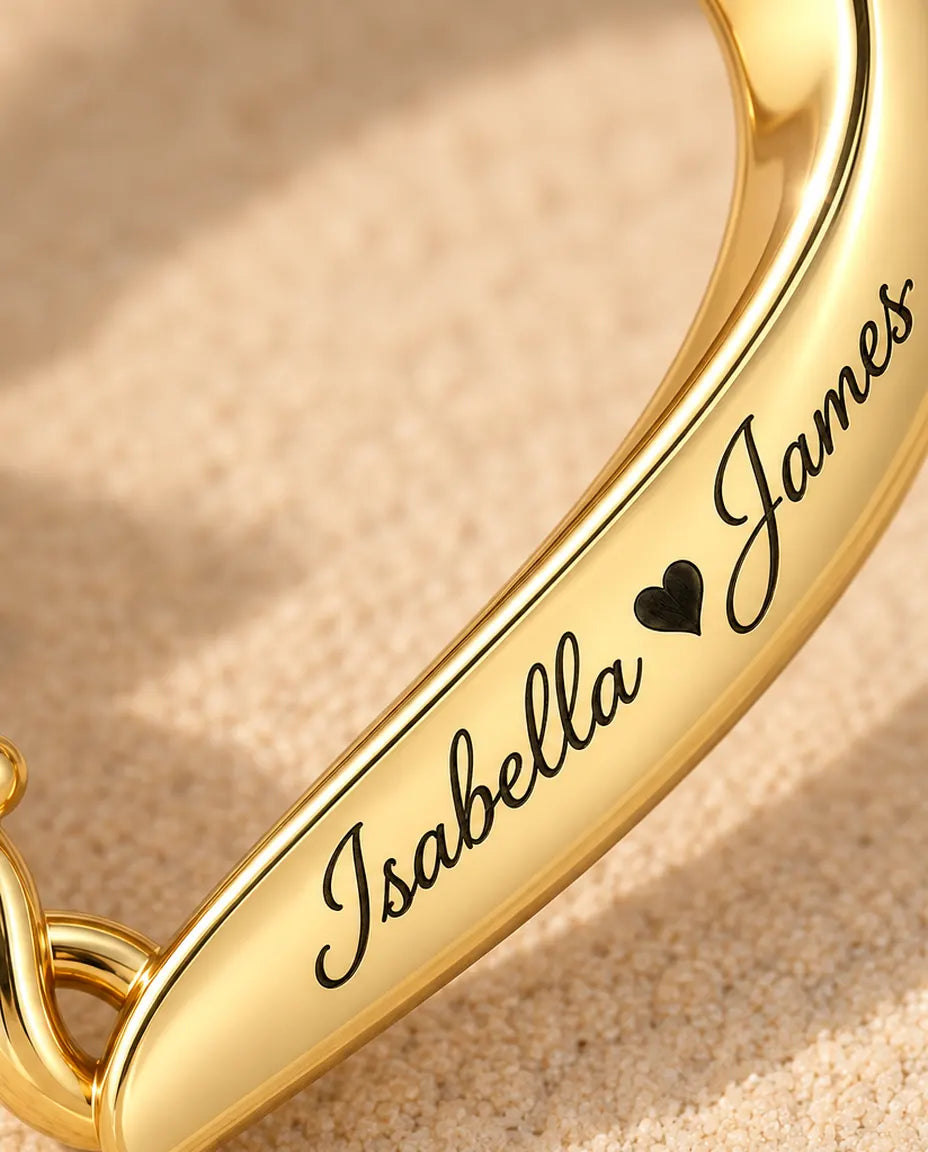 Collar Personalizado con 2 Piedras y 2 Nombres - corazón abierto dorado con dos piedras talla corazón