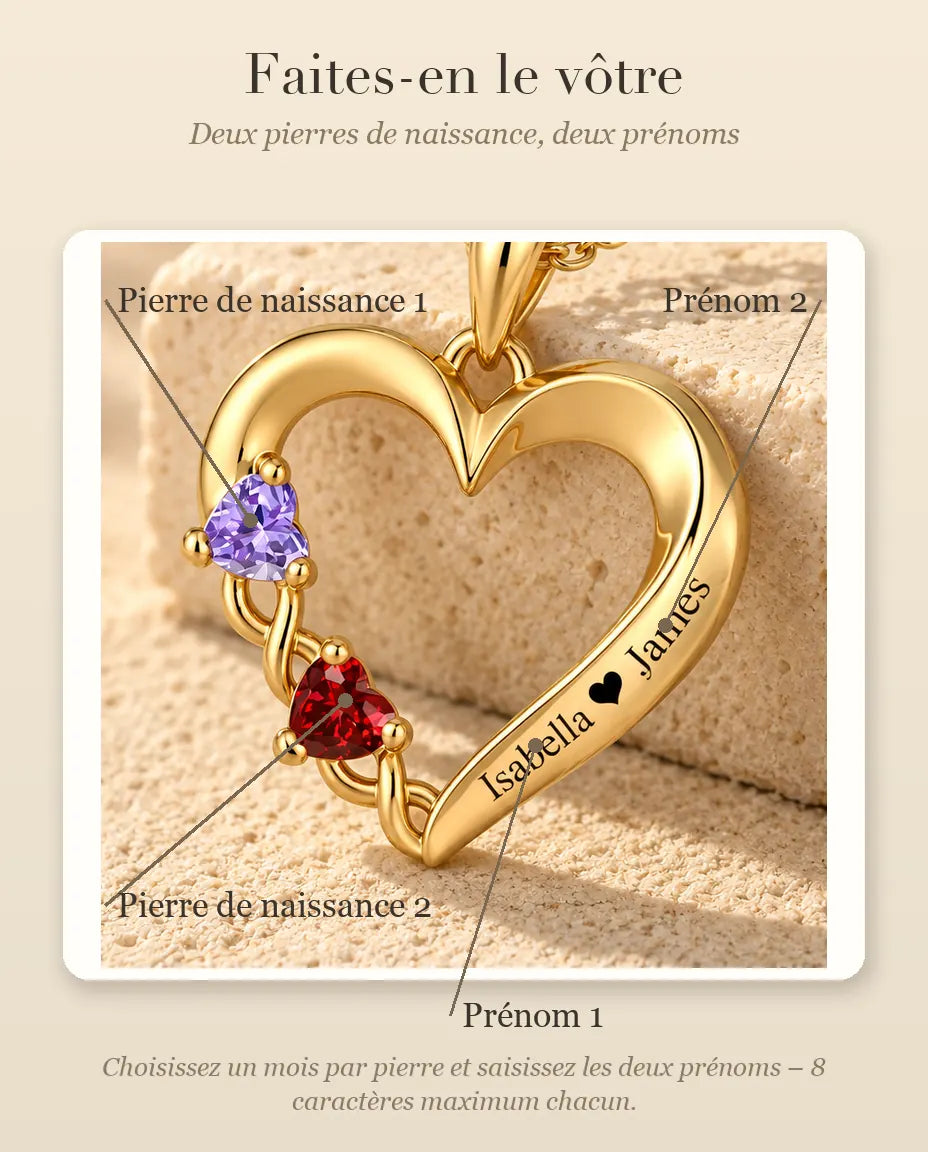 Collar Personalizado con 2 Piedras y 2 Nombres - corazón abierto dorado con dos piedras talla corazón