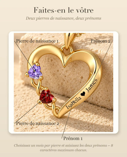 Collar Personalizado con 2 Piedras y 2 Nombres - corazón abierto dorado con dos piedras talla corazón