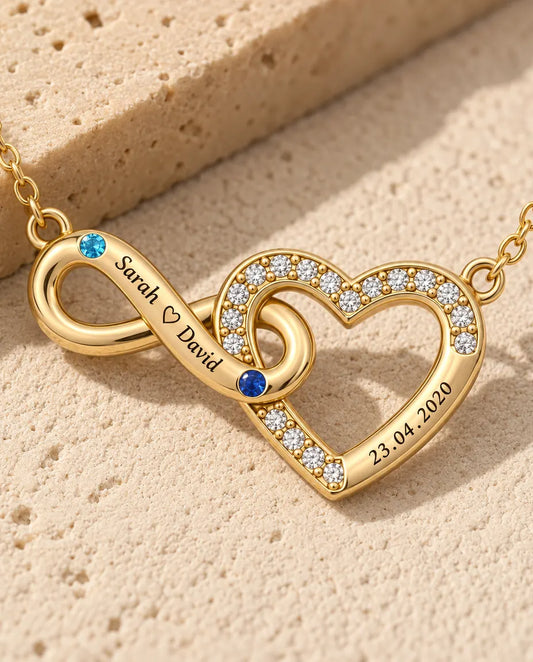 Collar Personalizado con 2 Nombres y Fecha - corazón infinito dorado con dos piedras de nacimiento