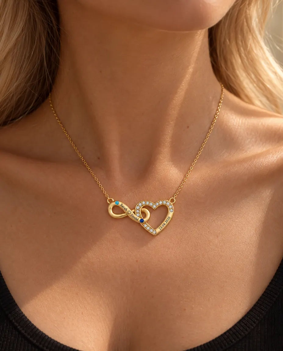 Collar Personalizado con 2 Nombres y Fecha - corazón infinito dorado con dos piedras de nacimiento